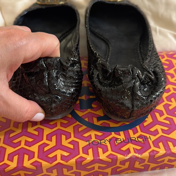 Tory Burch, Riva, black snake skin ballet flats - Picture 3 of 7